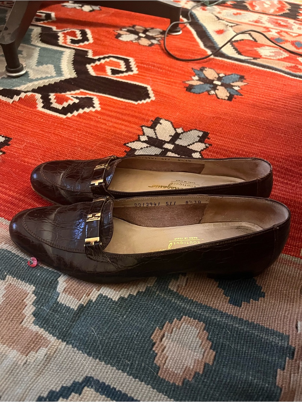 Salvatore Ferragamo Dark Brown Croc-Embossed Leather Bit Loafers - Picture 2 of 6